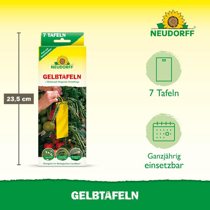 Η συσκευασία του Neudorff Shop Gelbtafeln (kleinformatig) δείχνει 7 κίτρινες κολλώδεις παγίδες (23,5 εκ. ύψος) για την καταπολέμηση εντόμων, αποτελεσματικές κατά των ιπτάμενων αφίδων και των λευκών μυγών, με εικονογράμματα/κείμενο που υποδεικνύει τη χρήση καθ' όλη τη διάρκεια του έτους.