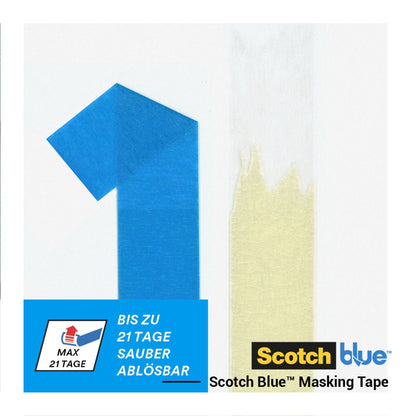Ein blauer Streifen ScotchBlue™ Malerabdeckband für scharfe Linien von 3M Deutschland GmbH hat die Form einer "1" neben einem beigen Abdeckband mit unebenem Rand. Das Bild zeigt Logos und einen deutschen Text über 21-tägige saubere Entfernung.