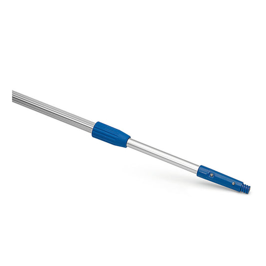 Die Nölle Profi Brush Profi-Teleskopstange Aluminium von Nölle Profi Brush Bürsten- & Pinseltechnik e.K. hat blaue Kunststoffgriffe und eine Gewindespitze, ideal als Griff für Nölle Profi Brush oder andere Werkzeuge, abgebildet auf weißem Hintergrund.