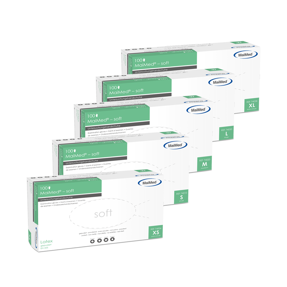 Εξεταστικά γάντια MaiMed-μαλακό λατέξ, μη αποστειρωμένα, σε σκόνη, 100 τεμάχια/κιβώτιο
