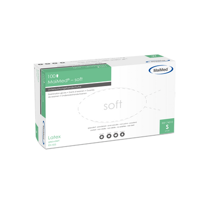 Εξεταστικά γάντια MaiMed-μαλακό λατέξ, μη αποστειρωμένα, σε σκόνη, 100 τεμάχια/κιβώτιο