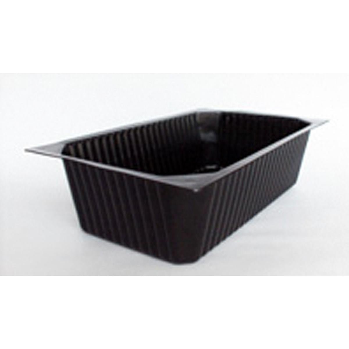 Η Duni GmbH PP Schale 1/4 GN Schwarz είναι ένας μαύρος, ορθογώνιος, ραβδωτός δίσκος, ιδανικός για παρουσίαση σε μπουφέ και απεικονίζεται σε λευκό φόντο.