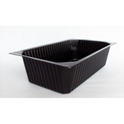 Η Duni GmbH PP Schale 1/4 GN Schwarz είναι ένας μαύρος, ορθογώνιος, ραβδωτός δίσκος, ιδανικός για παρουσίαση σε μπουφέ και απεικονίζεται σε λευκό φόντο.