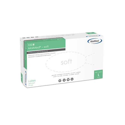 Εξεταστικά γάντια MaiMed-μαλακό λατέξ, μη αποστειρωμένα, σε σκόνη, 100 τεμάχια/κιβώτιο