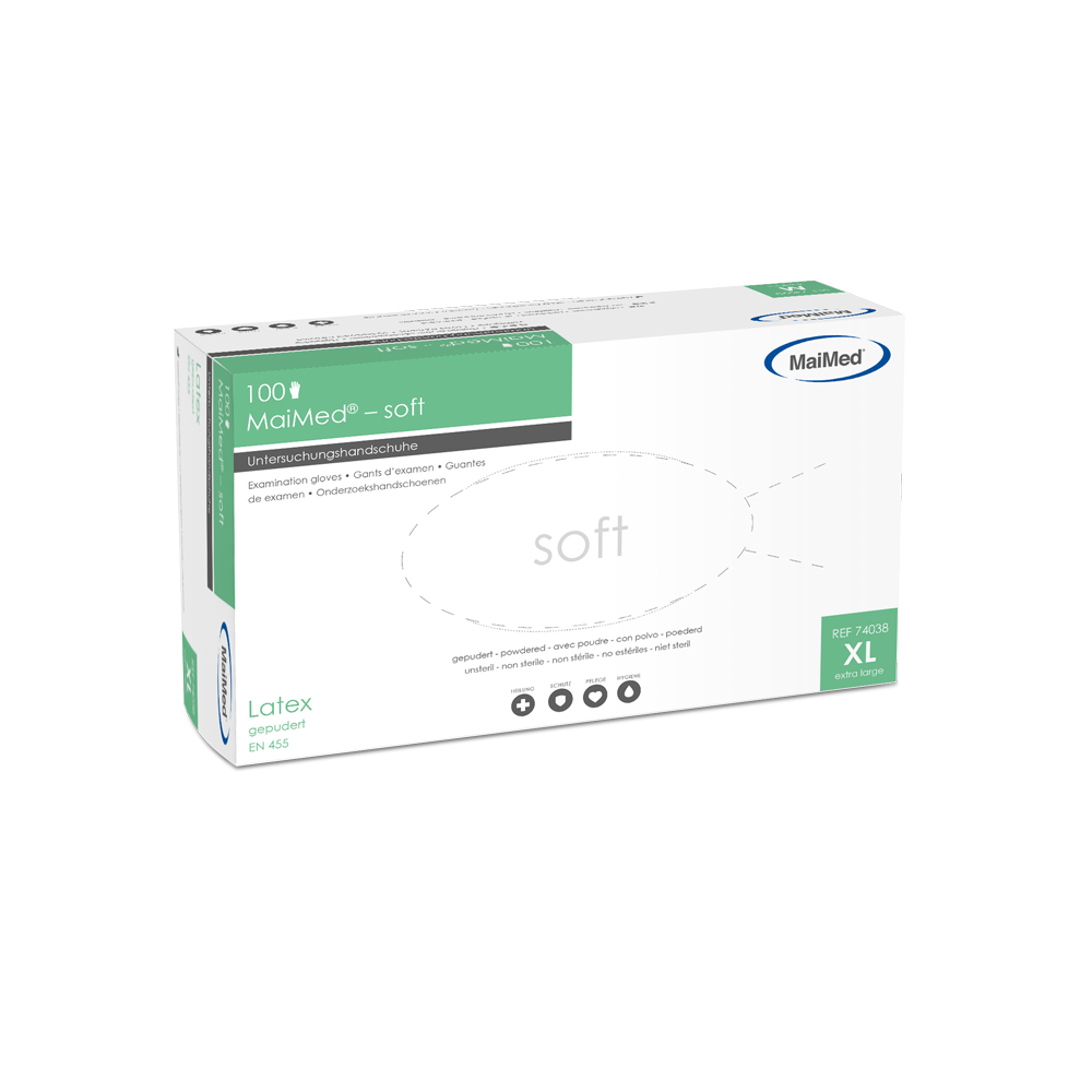 Εξεταστικά γάντια MaiMed-μαλακό λατέξ, μη αποστειρωμένα, σε σκόνη, 100 τεμάχια/κιβώτιο