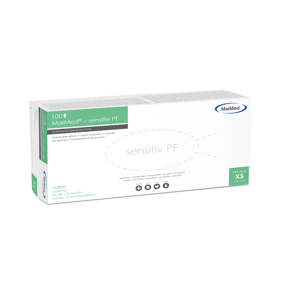 Εξεταστικά γάντια από λάτεξ ευαίσθητα MaiMed, μη αποστειρωμένα, χωρίς πούδρα, 100 τεμάχια/κιβώτιο