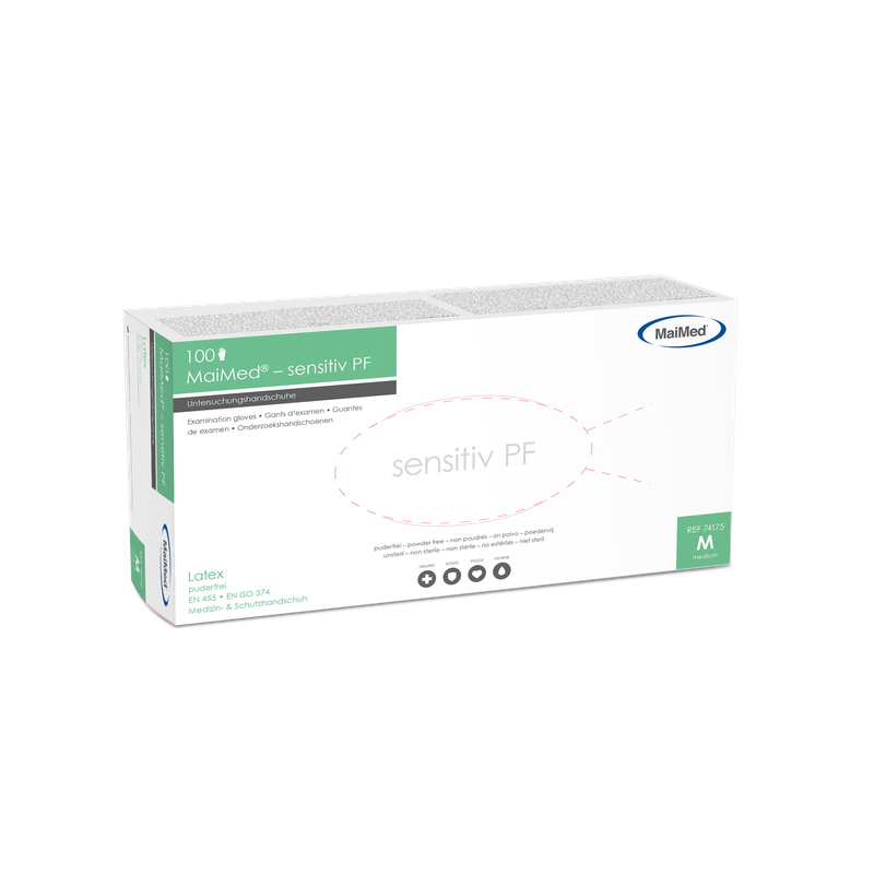 Εξεταστικά γάντια από λάτεξ ευαίσθητα MaiMed, μη αποστειρωμένα, χωρίς πούδρα, 100 τεμάχια/κιβώτιο