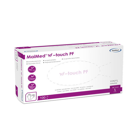 Γάντια βινυλίου μίας χρήσης MaiMed vi-touch, χωρίς πούδρα, 100 τεμάχια/κουτί