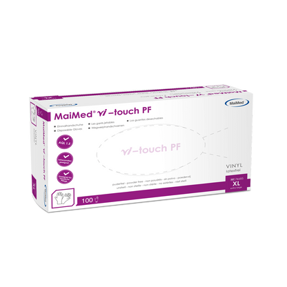 Γάντια βινυλίου μίας χρήσης MaiMed vi-touch, χωρίς πούδρα, 100 τεμάχια/κουτί
