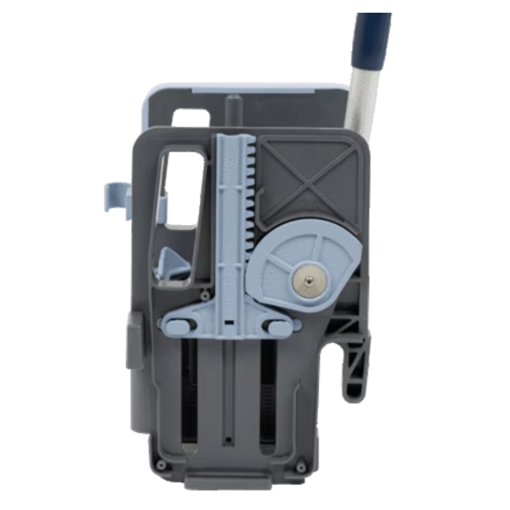 Κοντινή λήψη μιας επαγγελματικής κάθετης πρέσας Vileda από γκρι και μπλε πλαστικό της Vileda GmbH με τροχό και λαβή. Αυτός ο μηχανισμός περιλαμβάνει γρανάζια και μοχλούς και είναι κατασκευασμένος από ανθεκτικό πολυπροπυλένιο, υποδεικνύοντας ότι είναι μέρος ενός μεγαλύτερου μηχανικού ή καθαριστικού εξοπλισμού. Οι διαστάσεις του είναι 23 x 23 x 32 cm.