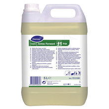 Ένα δοχείο 5L TASKI Jontec Forward, περιοδικό καθαριστικό δαπέδου από τη Diversey Deutschland GmbH & Co. OHG, με λευκό καπάκι και πολυγλωσσική ετικέτα, κατάλληλο και για τη μέθοδο Top-Stripping.