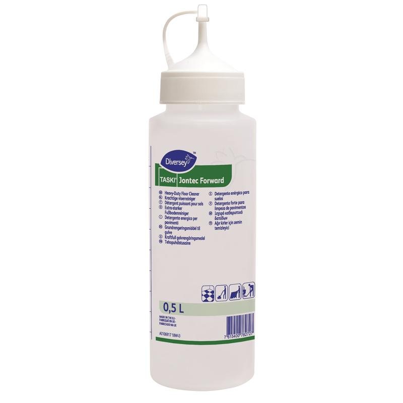 Ένα δοσομετρικό μπουκάλι Jontec Forward 0,5 L από την Diversey Deutschland GmbH & Co. OHG με κωνικό καπάκι ακροφυσίου· η ετικέτα δείχνει πληροφορίες προϊόντος και σύμβολα εφαρμογής σε πολλές γλώσσες.