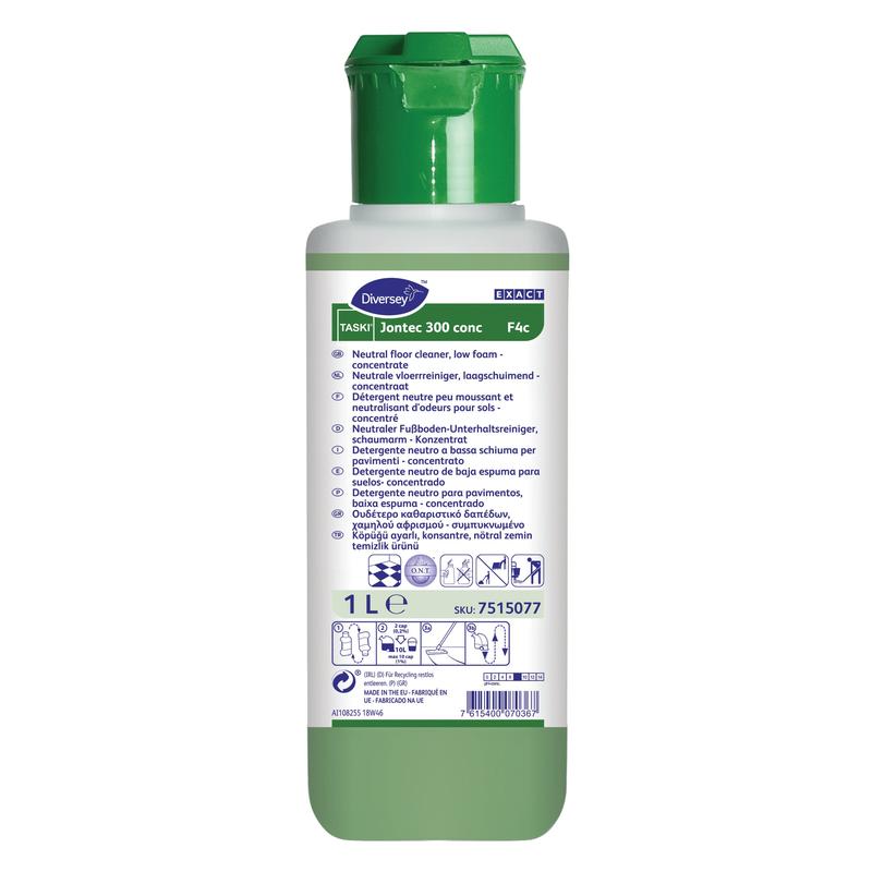 Ένα μπουκάλι 1 λίτρου TASKI Jontec 300 conc καθαριστικό δαπέδων υψηλής συγκέντρωσης από την Diversey Deutschland GmbH & Co. OHG διαθέτει πράσινο καπάκι, λευκή ετικέτα με πολυγλωσσικές οδηγίες και εξασφαλίζει λαμπερή λάμψη στα δάπεδα.