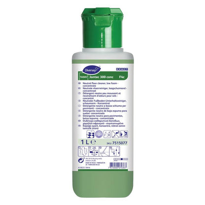 Ένα μπουκάλι 1 λίτρου TASKI Jontec 300 conc καθαριστικό δαπέδων υψηλής συγκέντρωσης από την Diversey Deutschland GmbH & Co. OHG διαθέτει πράσινο καπάκι, λευκή ετικέτα με πολυγλωσσικές οδηγίες και εξασφαλίζει λαμπερή λάμψη στα δάπεδα.
