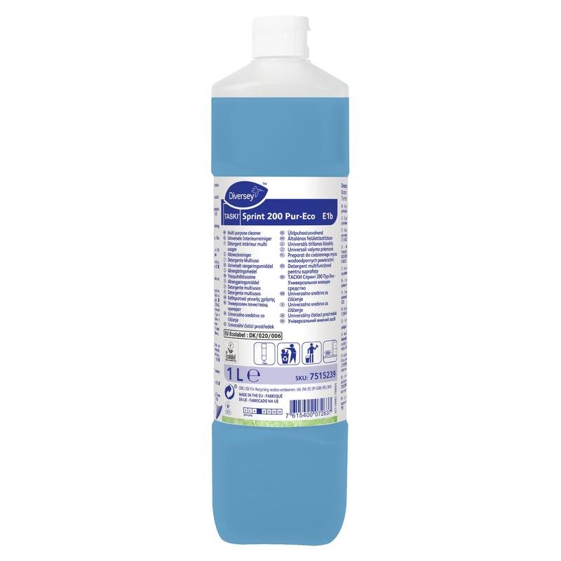 Ένα πλαστικό μπουκάλι 1 λίτρου TASKI Sprint 200 Pur-Eco καθαριστικό αλκοόλης από την Diversey Deutschland GmbH & Co. OHG με μπλε υγρό, λευκό καπάκι και λευκή ετικέτα με λεπτομέρειες προϊόντος και οδηγίες σε πολλές γλώσσες.