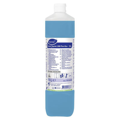 Ένα πλαστικό μπουκάλι 1 λίτρου TASKI Sprint 200 Pur-Eco καθαριστικό αλκοόλης από την Diversey Deutschland GmbH & Co. OHG με μπλε υγρό, λευκό καπάκι και λευκή ετικέτα με λεπτομέρειες προϊόντος και οδηγίες σε πολλές γλώσσες.