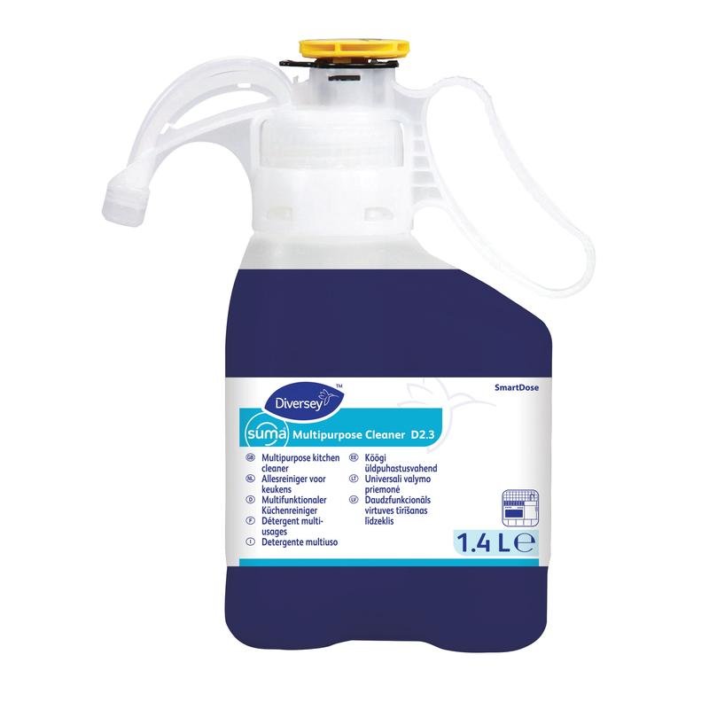 Diversey Suma Mehrzweckreiniger D2.3 SD, 1.4L, με σύστημα SmartDose για τον αποτελεσματικό καθαρισμό επιφανειών, δαπέδων, γυαλιών και πιάτων; λευκή/μπλε ετικέτα, λευκή λαβή, κίτρινο καπάκι. Μάρκα: Diversey Deutschland GmbH & Co. OHG.