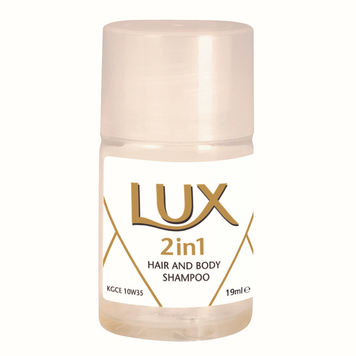 Ein 19ml Lux Professional 2in1 Hair & Body Duschgel & Shampoo Gästeartikel von Diversey Deutschland GmbH & Co. OHG, in einer kleinen Plastikflasche mit weiß-goldenem Etikett und klarem Verschluss. Packung mit 50 Stück.