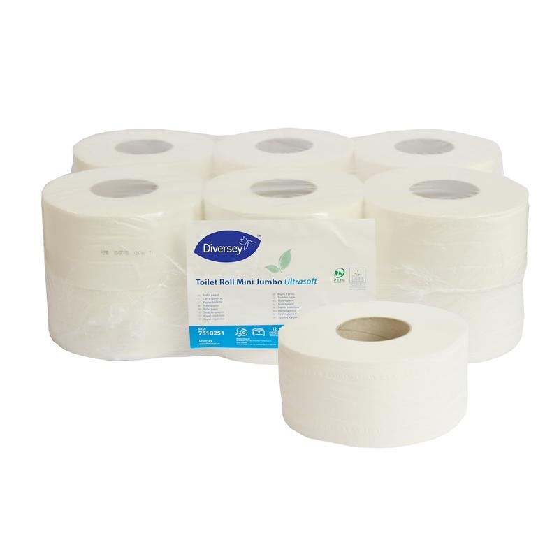 Μια συσκευασία με 12 λευκά, 2-στρώματα Ultrasoft Mini Jumbo ρολά χαρτιού υγείας (145m/ρολό), πιστοποιημένα για το περιβάλλον, από την Diversey Deutschland GmbH & Co. OHG. Η συσκευασία δείχνει πληροφορίες προϊόντος; ένα ρολό είναι προεξέχον.