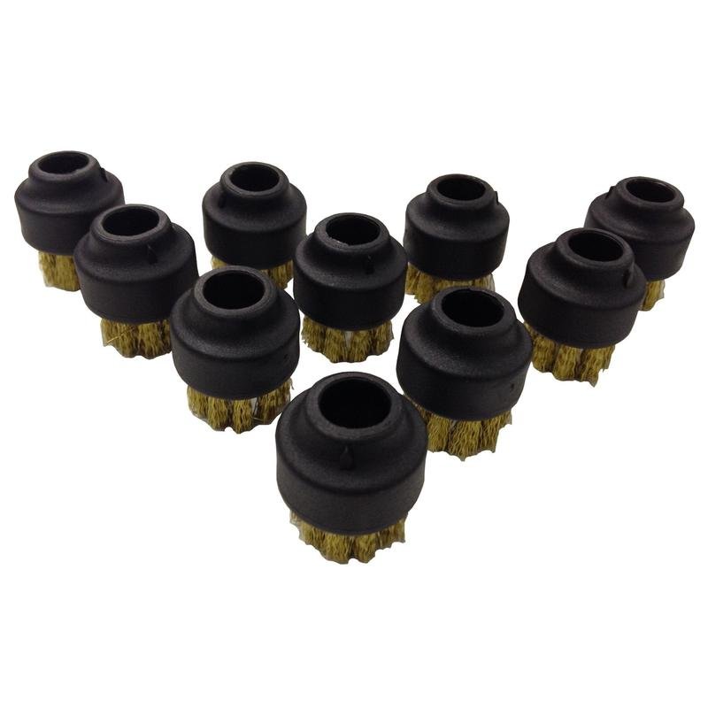 Μια χάλκινη βούρτσα για TASKI SO4 (μόνο ατμός) από την Diversey Deutschland GmbH & Co. OHG για προσάρτηση σε ακροφύσιο ατμού, με μαύρο πλαστικό εξάρτημα, τοποθετημένο σε τριγωνικό σχήμα σε λευκό φόντο.