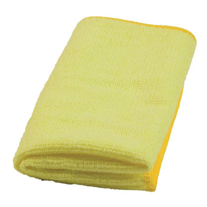 Ένα διπλωμένο κίτρινο TASKI MyMicro πανί μικροϊνών 36 x 36 cm από την Diversey Deutschland GmbH & Co. OHG, με ραμμένη άκρη, ιδανικό για χρωματικά κωδικοποιημένο ψεκασμό και υγρό καθαρισμό, απεικονίζεται σε λευκό φόντο (20 τεμάχια ανά πακέτο).