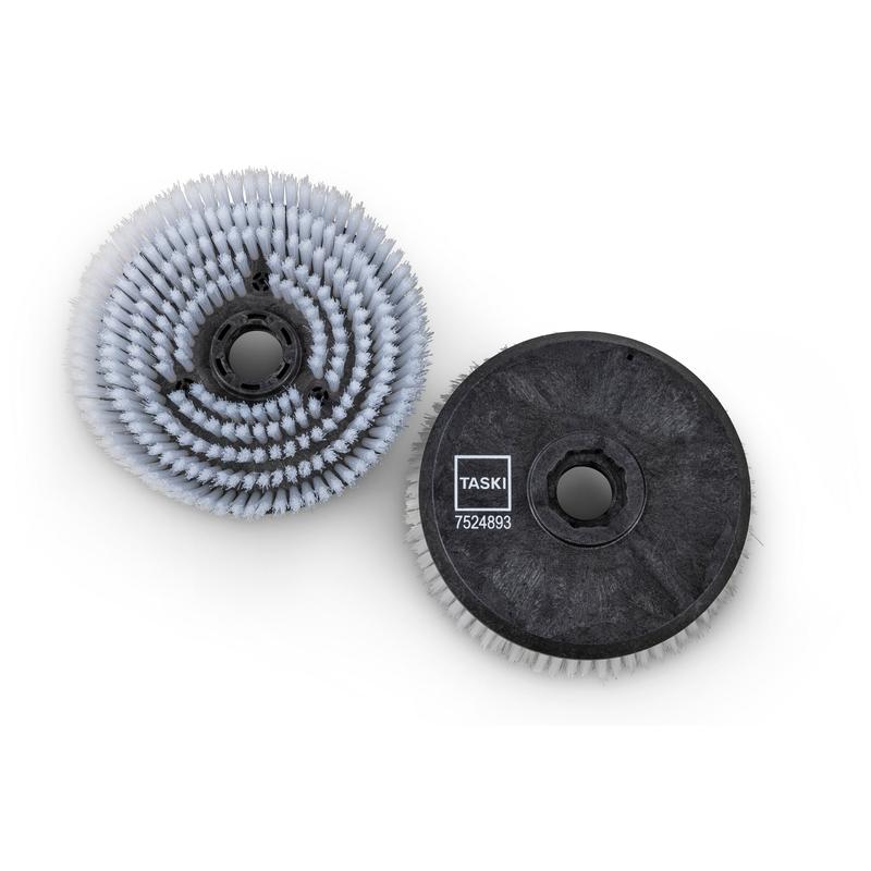 Zwei Bürstenaufsätze von Diversey Deutschland GmbH & Co. OHG für TASKI swingo 250µicro sind mit weißen Borsten, schwarzem Sockel und dem Etikett "TASKI 7524893" ausgestattet - langlebig und effizient, geliefert in einer Packung.