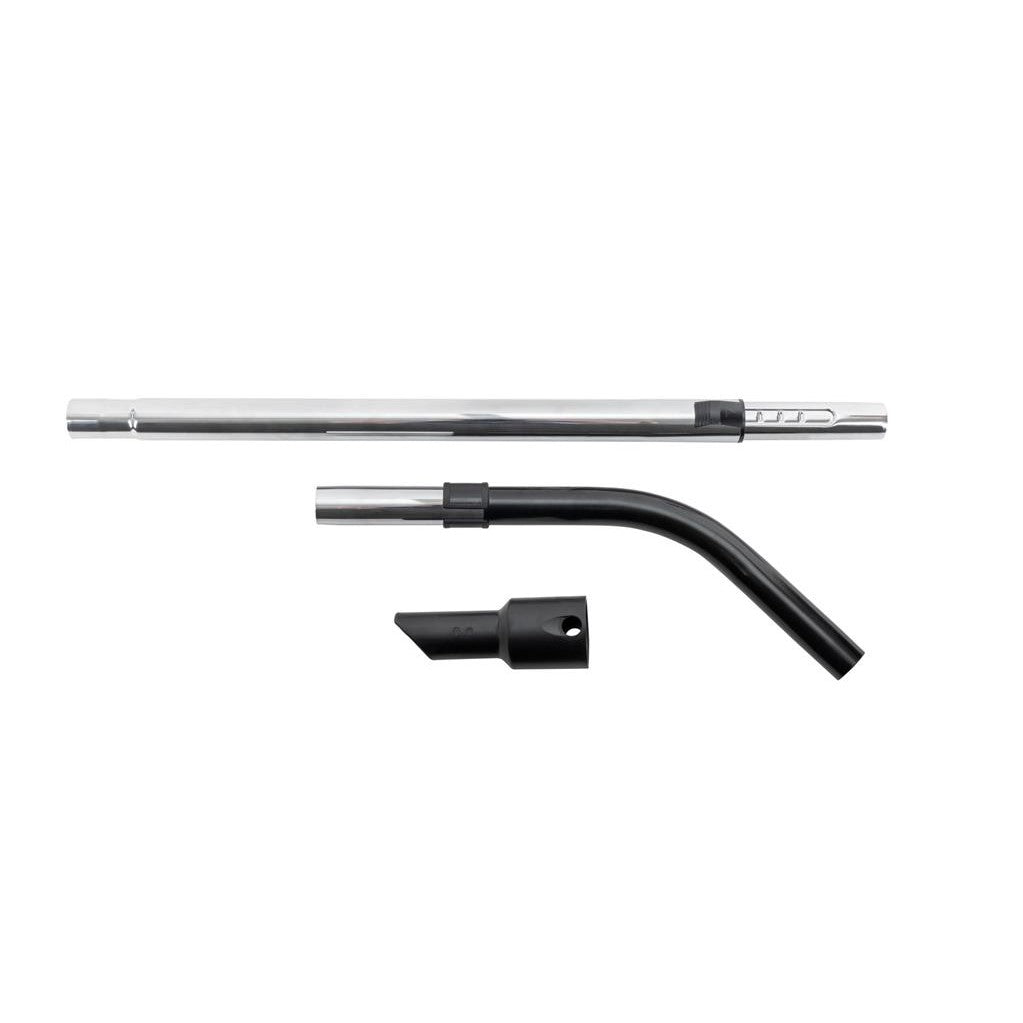 Το TASKI AERO Upgrade Kit της Diversey περιλαμβάνει έναν καμπυλωτό σωλήνα από μέταλλο, ένα εξάρτημα σύνδεσης σωλήνα και μια τηλεσκοπική ράβδο για ηλεκτρικές σκούπες Aero, που απεικονίζονται σε λευκό φόντο για να τονίσουν την απόδοση καθαρισμού των μεμονωμένων εξαρτημάτων.