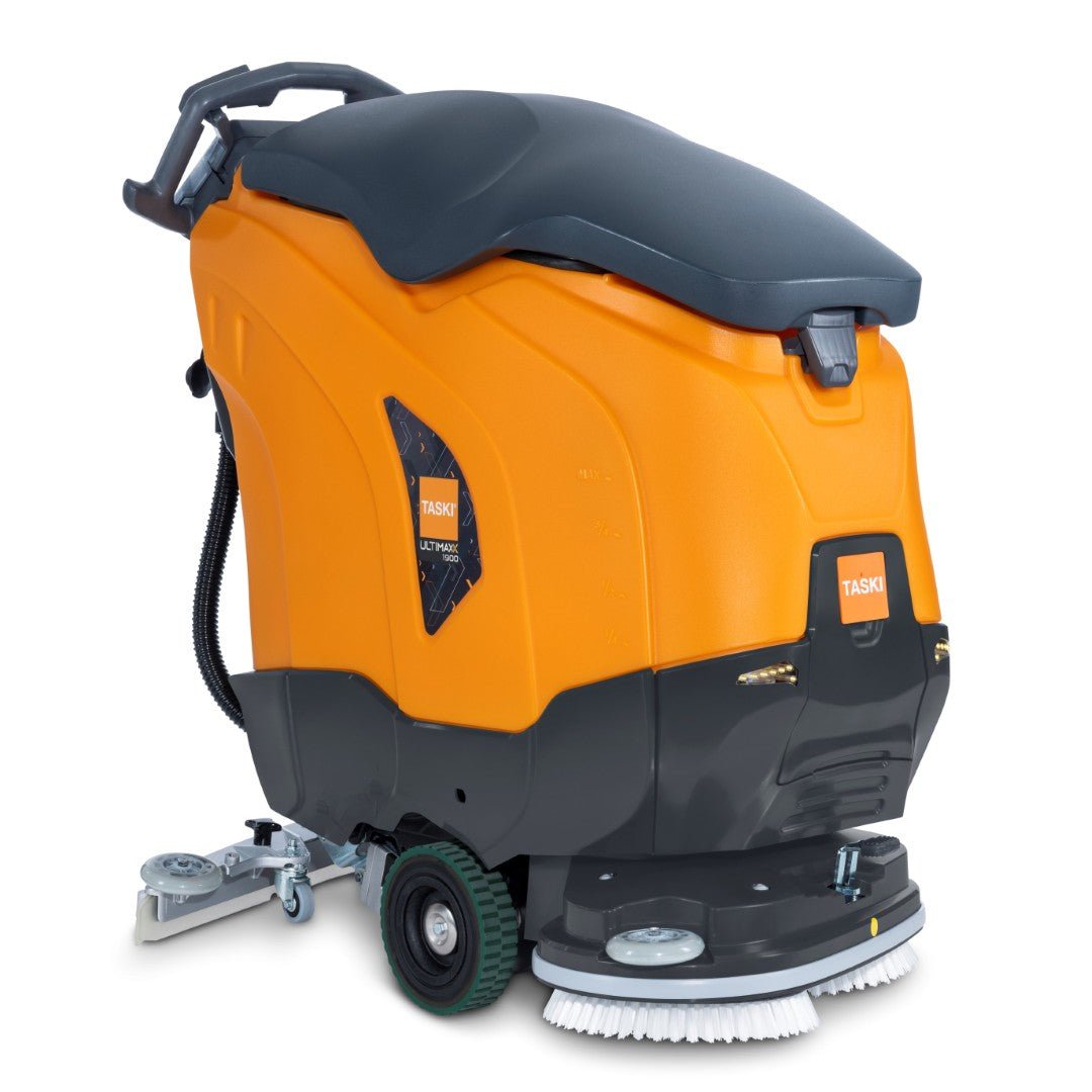 Ο πορτοκαλί-μαύρος TASKI ULTIMAXX 1900 DD65 Performance BMS 13A της Diversey Deutschland GmbH & Co. OHG διαθέτει μια λαβή, ένα πίνακα ελέγχου, τροχούς, μπροστινές βούρτσες τριψίματος, μια δεξαμενή 42 λίτρων και ένα διπλό δίσκο 65 cm για τον επαγγελματικό καθαρισμό.