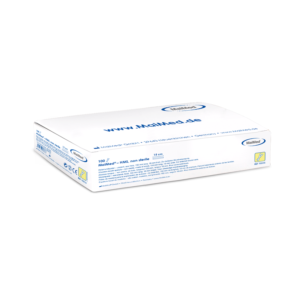 MaiMed - Μη αποστειρωμένο ξύλινο στοματικό πιεστήριο HMS, μήκους 15 cm, 100 τεμάχια/κουτί | Κουτί (100 τεμάχια)