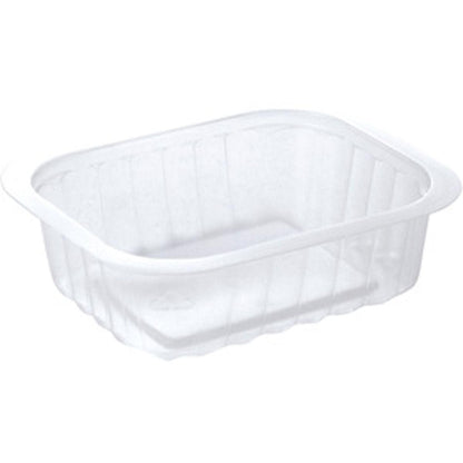 Das Duni GmbH PP-Schälchen Transparent PP 138x114 ist ein klarer, rechteckiger Lebensmittelbehälter mit leicht abgerundeten Ecken und gerippten Seiten, leer auf weißem Hintergrund dargestellt.