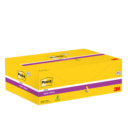 Eine gelbe Schachtel mit 3M Post-it® Super Sticky Notes, Gelb, 76x127mm, 90 Blatt pro Block, 24 Blöcke pro Packung (PEFC-zertifiziert), zeigt das Markenlogo und das Produktbild auf der Kartonverpackung.