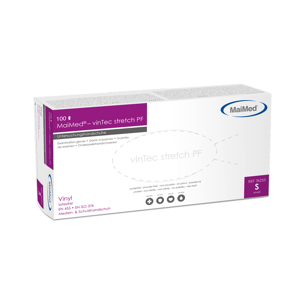 MaiMed-vinTec Stretch PF, μη αποστειρωμένα γάντια εξέτασης βινυλίου σε σκόνη 100 τεμάχια/κουτί