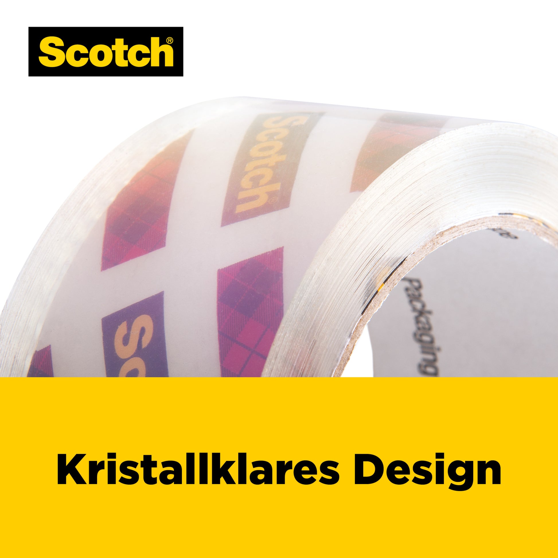 Eine Nahaufnahme einer Rolle Scotch® Box Lock™ Verpackungsklebeband (48 mm x 20,3 m) der 3M Deutschland GmbH, auf der das Logo zu sehen ist. Unter dem Band befindet sich ein gelbes Banner mit der Aufschrift "Kristallklares Design" in schwarzen Buchstaben.