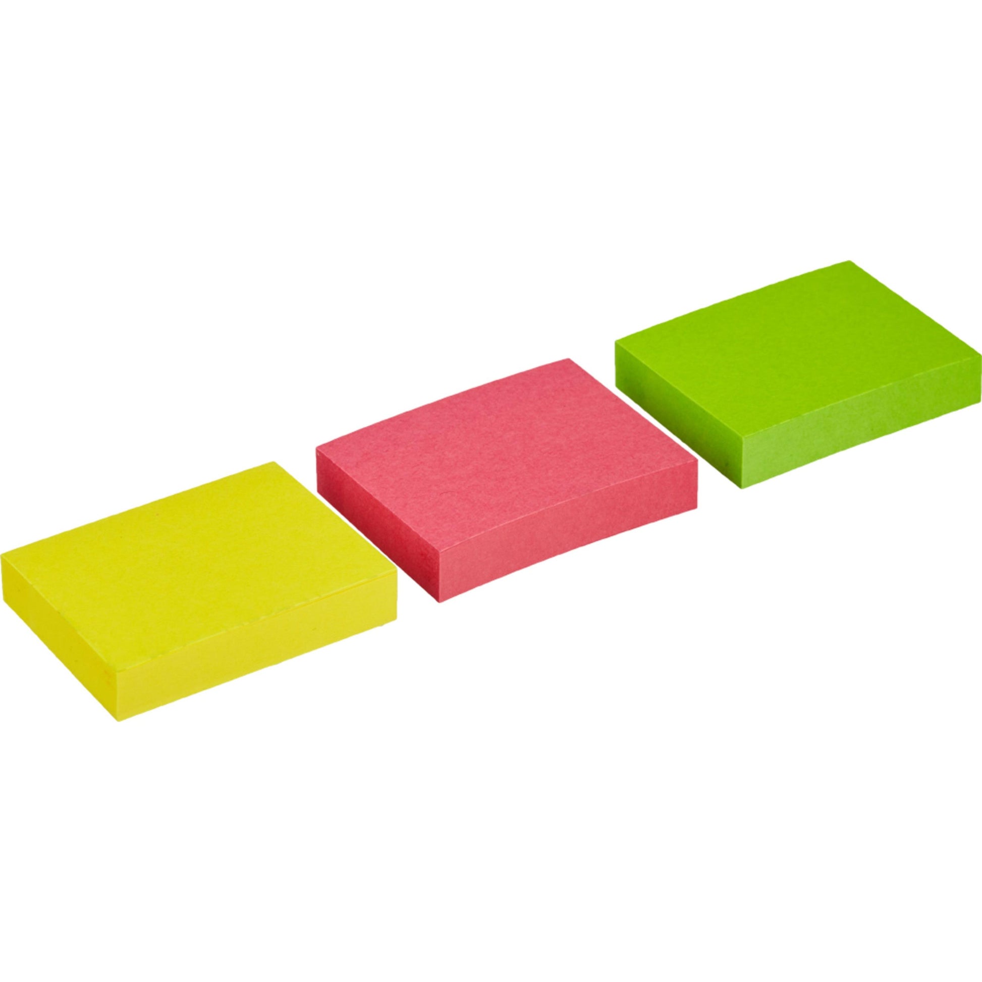 Drei quadratische Post-it® Zettel in verschiedenen Neonfarben - gelb, rot und grün - sind in einer Reihe auf weißem Hintergrund angeordnet. Jeder 38 x 51 mm große Block der 3M Deutschland GmbH ist PEFC-zertifiziert und enthält 100 Blatt; die Packung enthält 3 Blöcke.