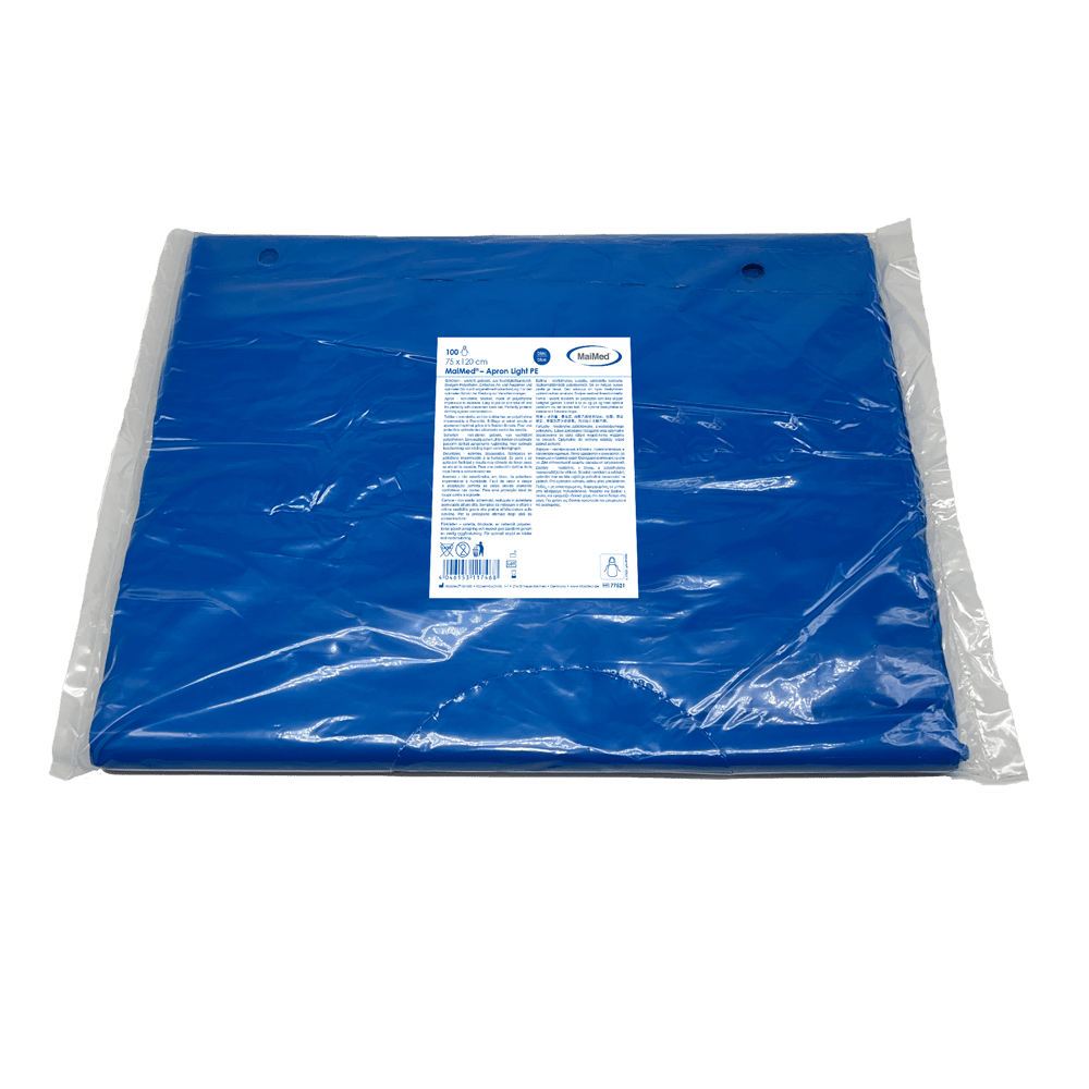 MaiMed-Apron Light PE, ποδιά από PE 75x120cm μπλε, 100 τεμάχια/συσκευασία, φραγμένη, λεία επιφάνεια | Συσκευασία (100 τεμάχια)