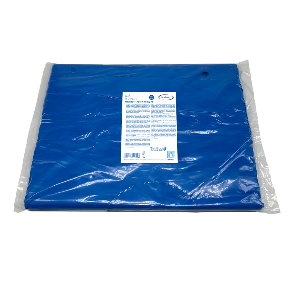MaiMed-Apron Heavy PE, ποδιά από PE 75x125cm μπλε, 50 τεμάχια/συσκευασία, φραγμένη, λεία επιφάνεια | Συσκευασία (50 τεμάχια)