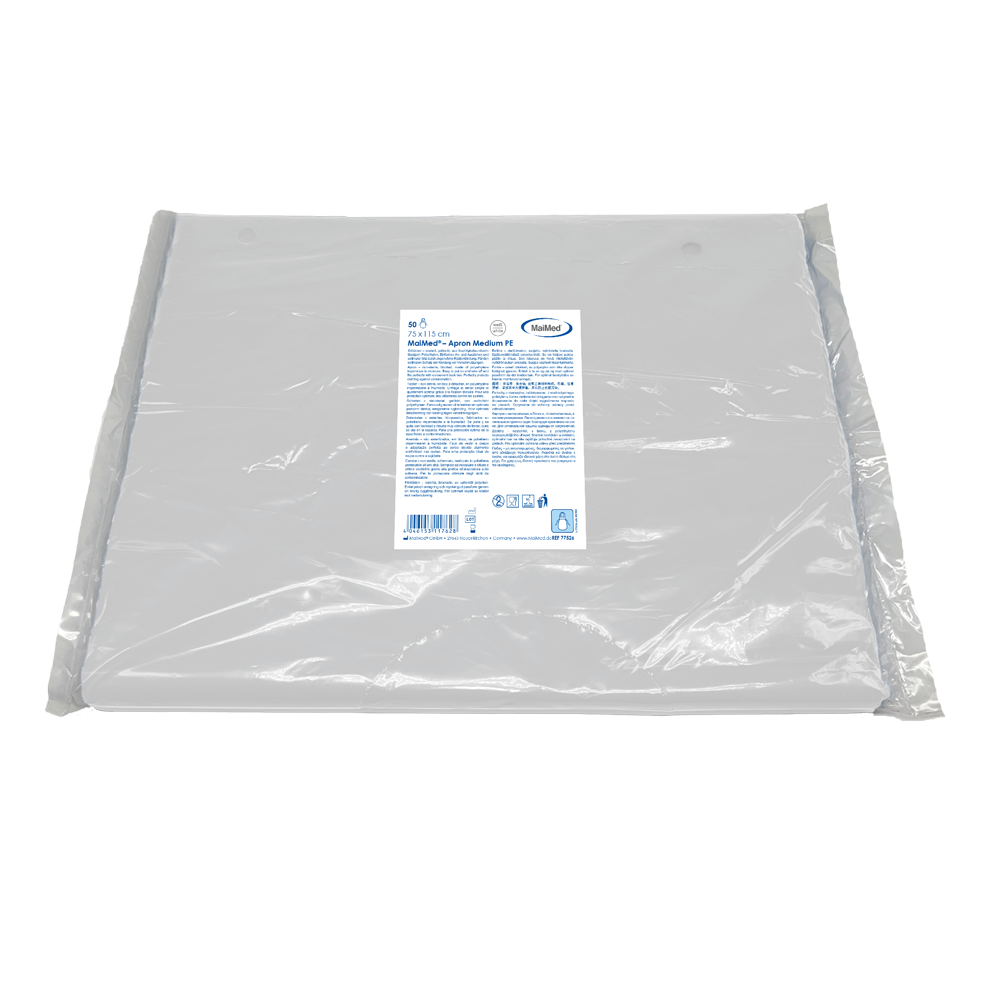MaiMed-Apron Medium PE, ποδιά από PE 75x115cm λευκή, 50 τεμάχια/συσκευασία, φραγμένη, λεία επιφάνεια | Συσκευασία (50 τεμάχια)