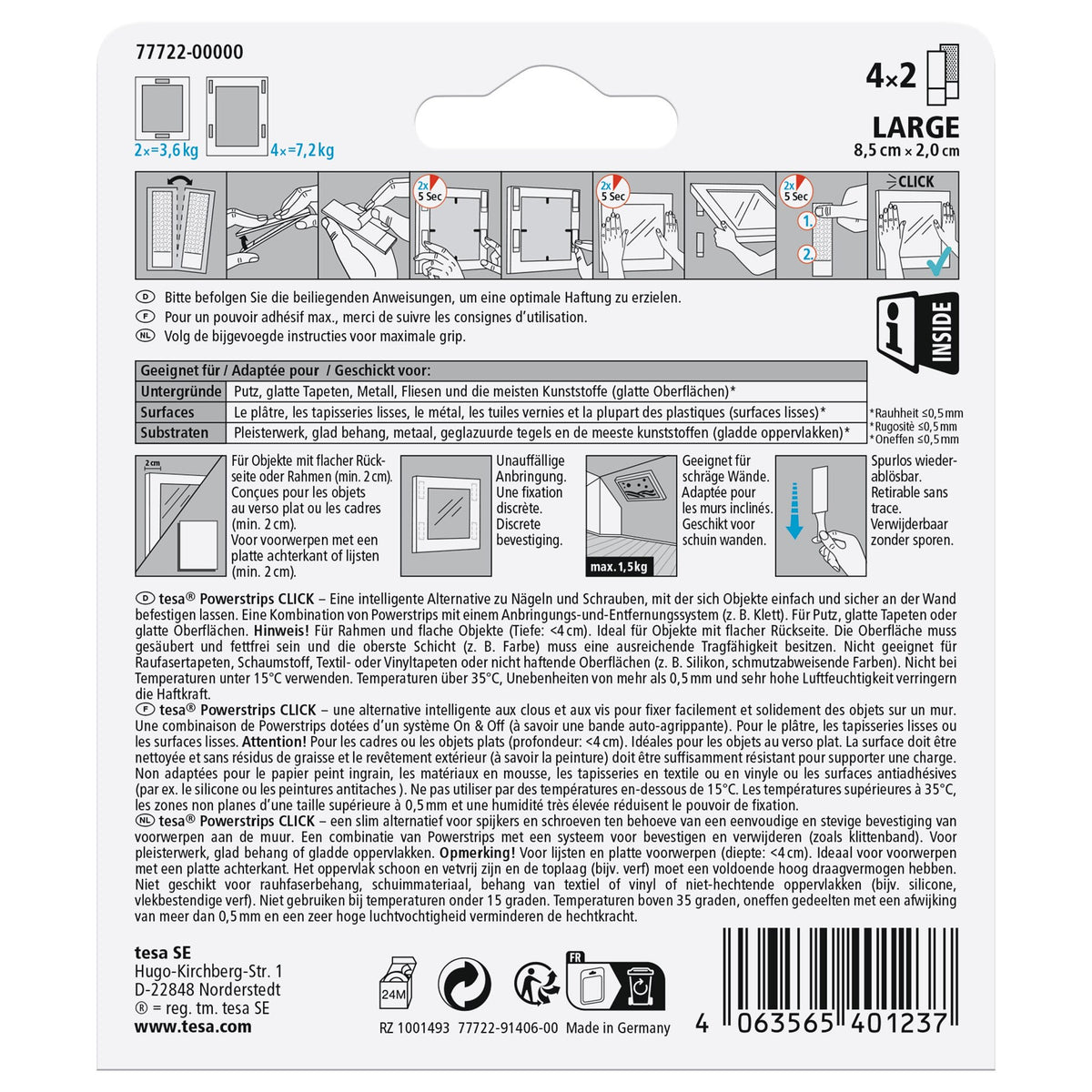 tesa Powerstrips Click Klett-Klebepads, weiß, 4 Paare