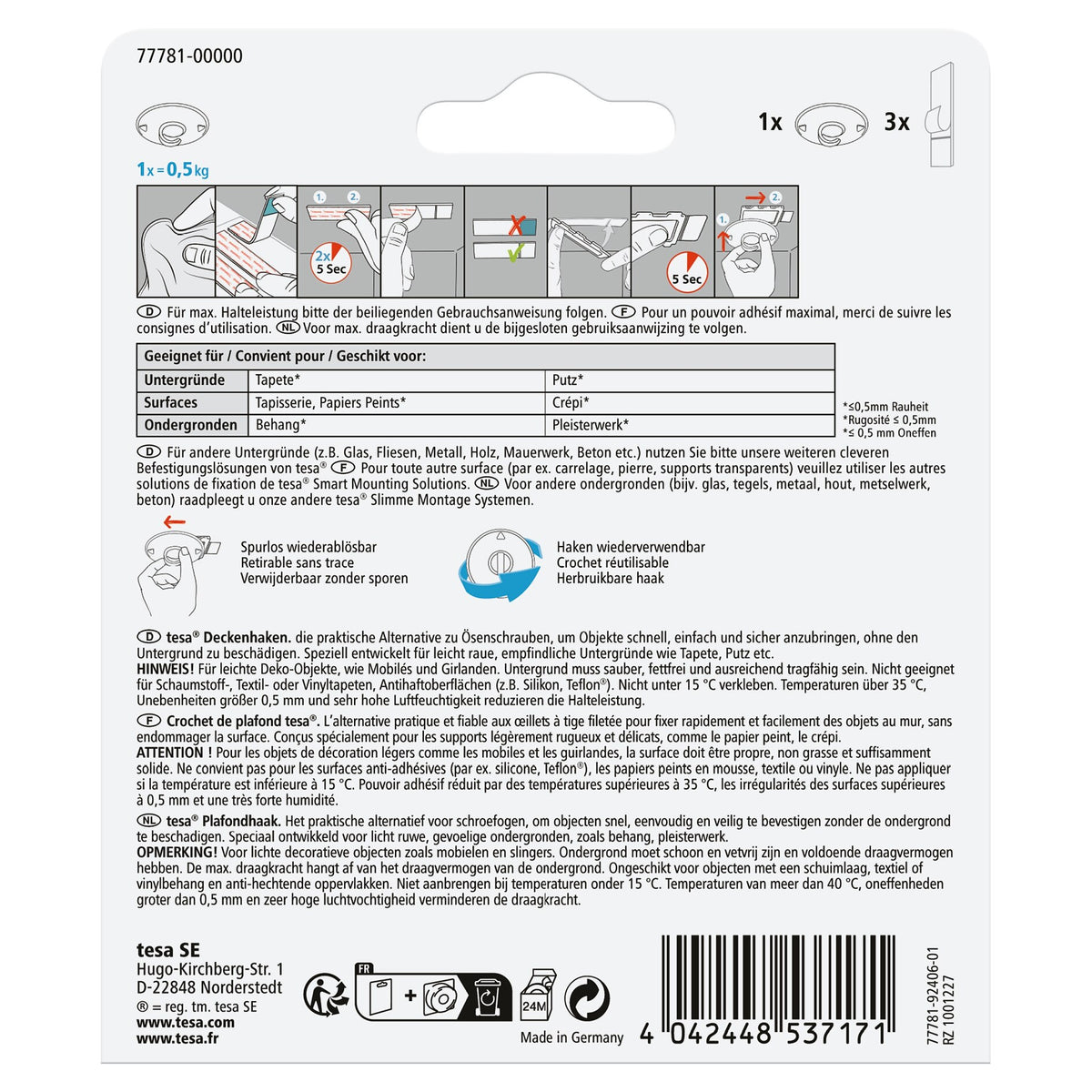 tesa Deckenhaken für Tapeten & Putz, weiß, bis 0,5 kg