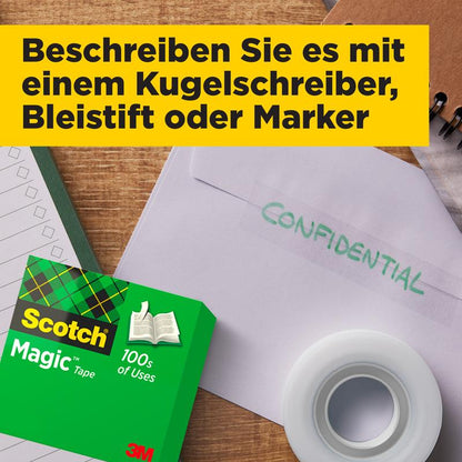 Μια συσκευασία 3M Deutschland GmbH Scotch® Magic™ Αόρατης Ταινίας, ένας φάκελος με "CONFIDENTIAL", ένα ρολό ταινίας και ένα σημειωματάριο βρίσκονται σε ξύλινο τραπέζι. Πάνω υπάρχει ένα κίτρινο πλαίσιο κειμένου με γερμανική γραφή.