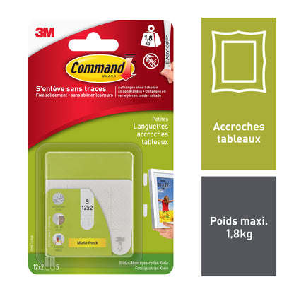 Eine Packung 3M Deutschland GmbH Kleine weiße Command™ Bilder-Montage Strips S 17202FGN enthält 12 Streifen zum Aufhängen von Bildern (max. 1,8 kg), mit französischer Anleitung, Produktbildern und technischen Daten auf der rechten Seite der Verpackung.