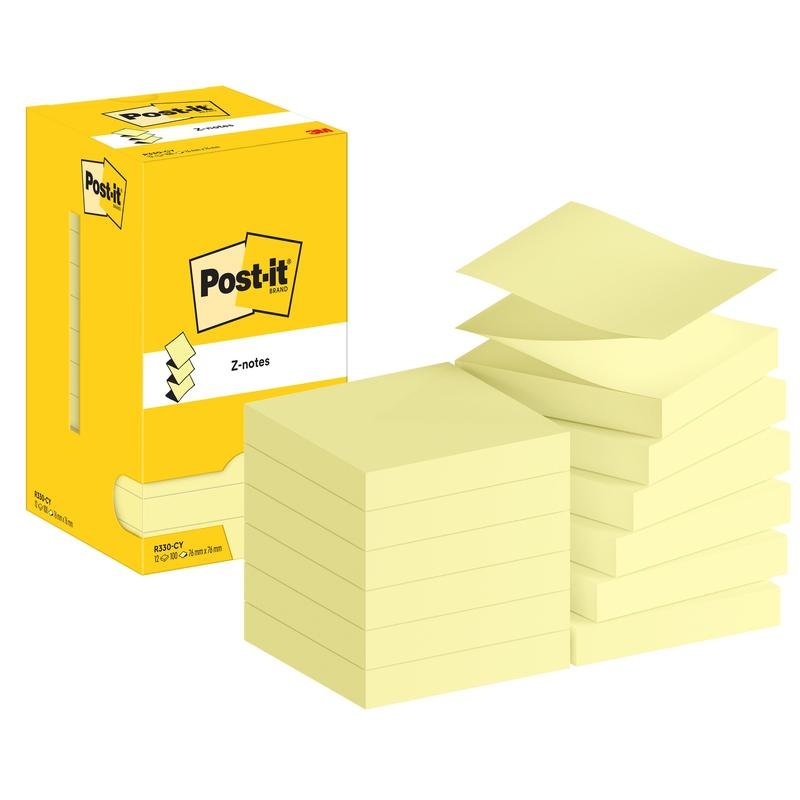 Απεικονίζεται μια στοίβα Post-it® Super Sticky Z-Notes Promotion, Κίτρινο (76 mm x 76 mm, 100 φύλλα/μπλοκ) της 3M Deutschland GmbH με την χάρτινη συσκευασία τους. Το κουτί αναδεικνύει το λογότυπο Post-it και ένα φύλλο είναι ελαφρώς ανασηκωμένο.