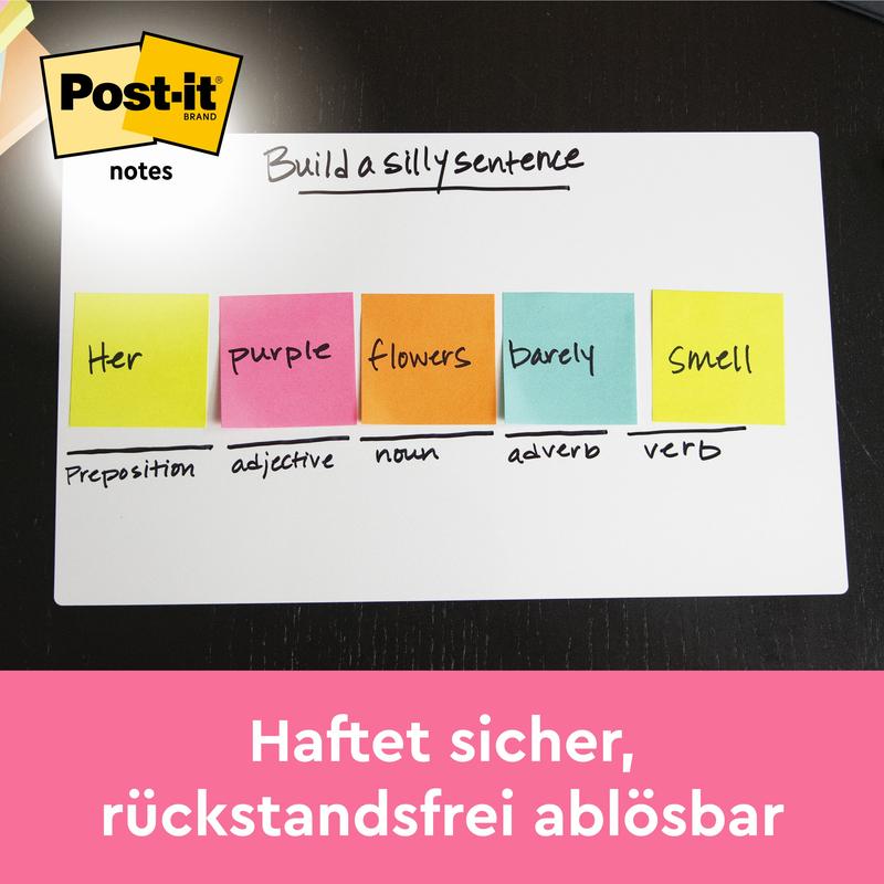 Ένας πίνακας δείχνει πολύχρωμα 3M Post-it® σημειώματα (Poptimistic Collection, 38x51mm, 100 φύλλα/μπλοκ, 12 μπλοκ/συσκευασία) με την επιγραφή "Τα μοβ λουλούδια σας μυρίζουν ελάχιστα" πάνω από κατηγορίες γραμματικής. Γερμανικό κείμενο: "Κολλάει με ασφάλεια, αφαιρείται χωρίς υπολείμματα."