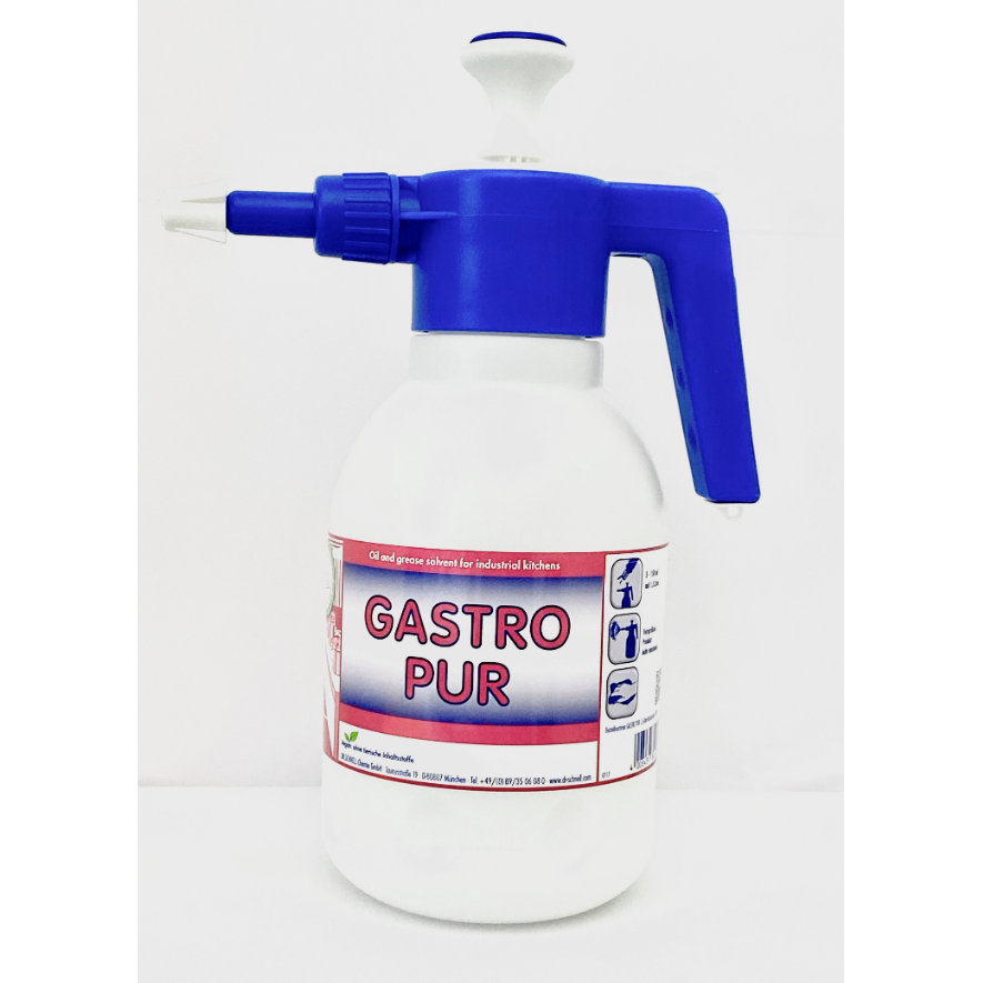 Ein weißer DR.SCHNELL GmbH & Co. KGaA Drucksprüher (1,5 L, leerDosierhilfen) mit der Aufschrift "GASTRO PUR" mit blauem Griff und Düse, für die Öl- und Fettentfernung in Großküchen, mit klarer Anleitung und praktischer Dosierhilfe.