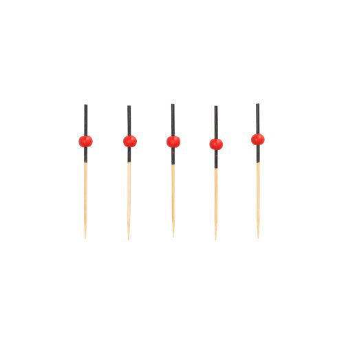 Fünf PAPSTAR 250 Fingerfood - Picker der PAPSTAR GmbH, aus Holz mit schwarzen Hülsen und roten Perlen, vertikal in einer Reihe vor weißem Hintergrund angeordnet.