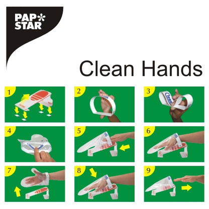 Μια οπτική οδηγία με το PAPSTAR Clean Hands Base Kit, ανοξείδωτο ατσάλι (11,5x12,7x22 εκ.), της PAPSTAR GmbH δείχνει σε εννέα αριθμημένες πλάκες με βήματα ένθεσης και ασφάλισης χεριού σε πράσινο φόντο, πώς να φορέσετε ένα πλαστικό γάντι για την υγιεινή.