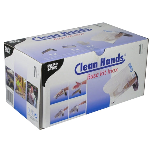 Το PAPSTAR Clean Hands Base Kit, ανοξείδωτο ατσάλι (11,5x12,7x22 εκ., ασημί) της PAPSTAR GmbH έρχεται σε ένα λευκό κουτί με μπλε και μοβ τόνους και δείχνει εικόνες προστασίας χεριών για υγιεινή χρήση.