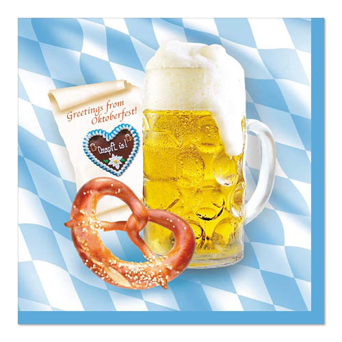 Ein Glas Bier mit Schaum, eine Salzbrezel, ein verzierter Lebkuchen und 100 PAPSTAR Servietten, 3-lagig 1/4-Falz 33 cm x 33 cm von der PAPSTAR GmbH liegen auf „Grüße vom Oktoberfest!“-Papier auf blau-weißem Rautengrund.