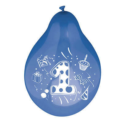 Ein Zahlenluftballons-Ballon (Ø 25 cm, farbig sortiert) der PAPSTAR GmbH zeigt in der Mitte eine große weiße Zahl Eins, akzentuiert durch bunte Bilder eines Geschenks, eines Cupcakes, einer Partymütze, Konfetti und Bänder.