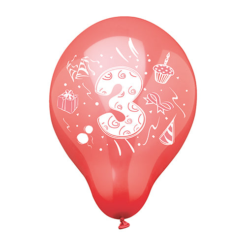 Die 6 PAPSTAR Zahlenluftballons Ø 25 cm sind farblich sortiert und mit einer großen 3 und festlichen Geburtstags-Icons versehen – ideal für den dritten Geburtstag oder das Jubiläum. Marke: PAPSTAR GmbH.